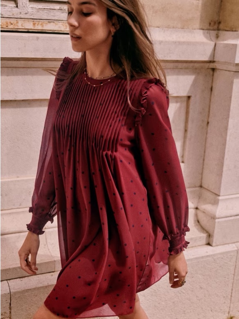 Sezane Eve Dress Plum With Navy Polka Dots Long Sleeve Mini Pintuck Pleats
